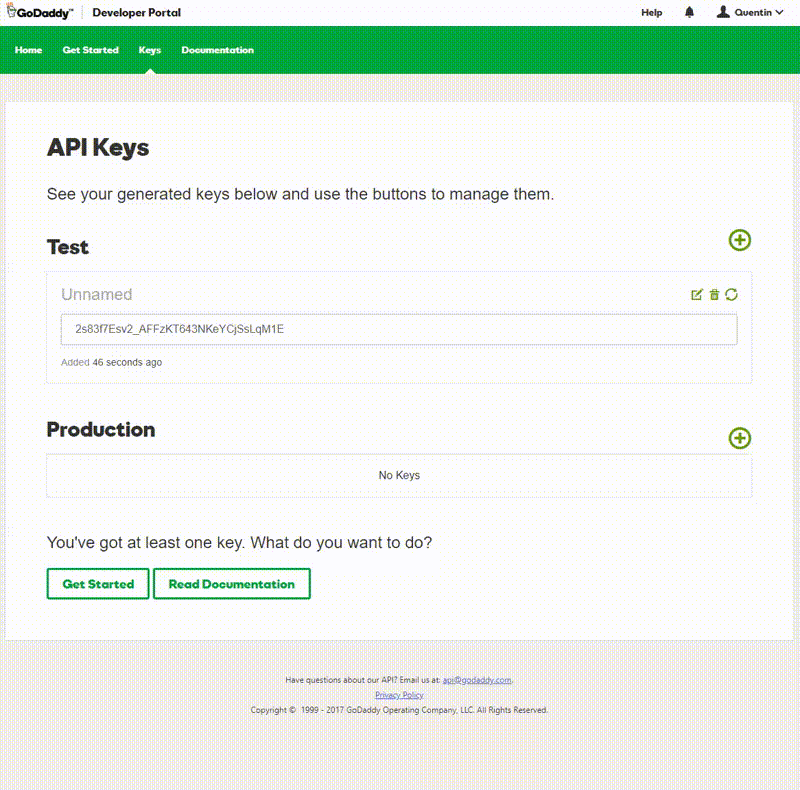 GoDaddy Developer Production Key